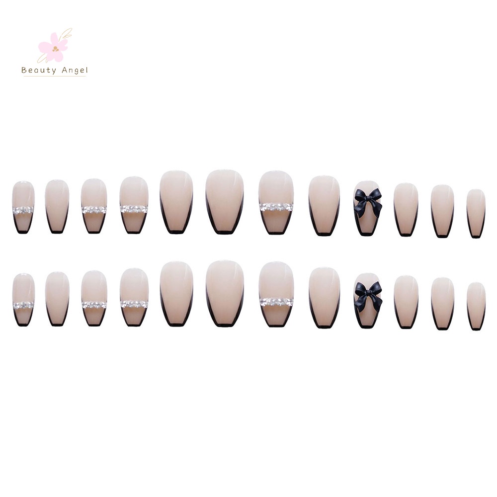 Bộ 24 Móng Tay Giả Dài Màu Đen Đính Nơ Có Thể Tháo Rời Cho Nữ