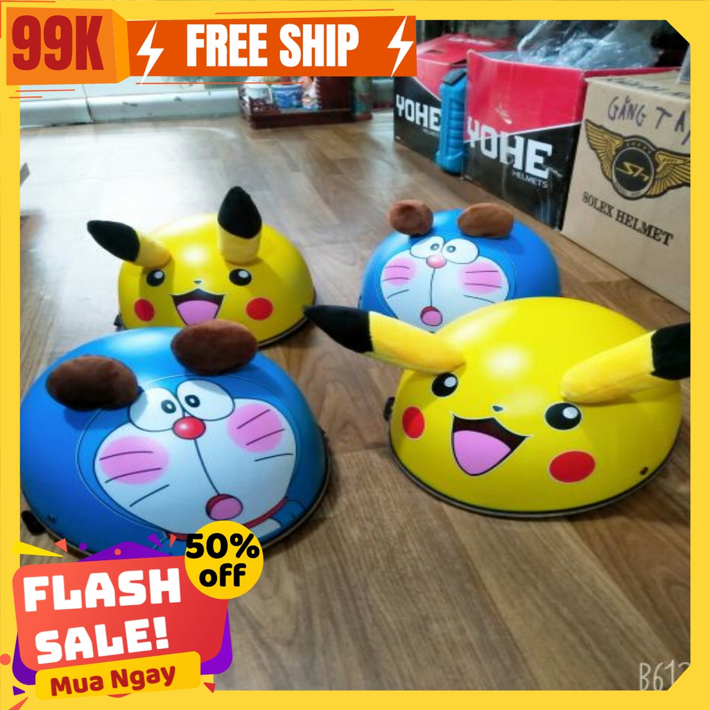 [Freeship 90k] Nón bảo hiểm 1/2 pikachu doremon + tai