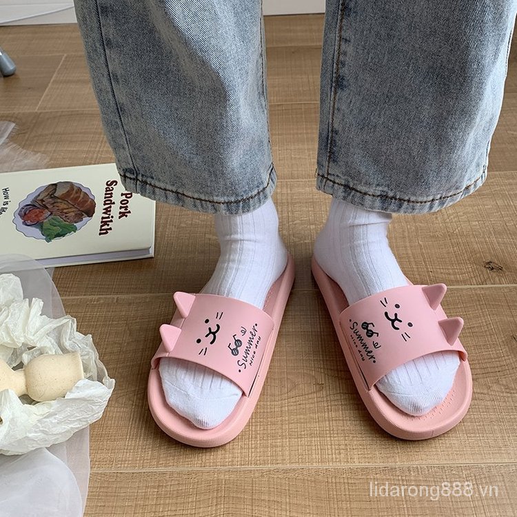 Summer NewinsCute Cat Ears Cartoon Slippers Women's Casual Non-Slip Interior Home Bath Sandals 1ym5