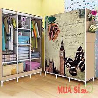 Tủ vải đựng quần áo gấp gọn và treo đồ 3 buồng 8 ngăn đựng, họa tiết 3D sống động, dễ lắp đặt và di chuyển