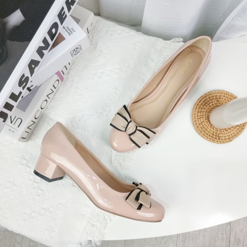 Giày cao gót mũi tròn phối nơ da bóng gót vuông cao 4cm 1200