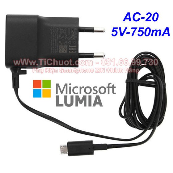 Củ Sạc Nokia Lumia AC-20 5V-750mA dây liền dài 1.5m ZIN Chính Hãng