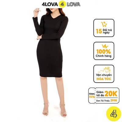 Váy body dài tay cổ tim dáng ôm quyến rũ 4LOVA phong cách Hàn Quốc