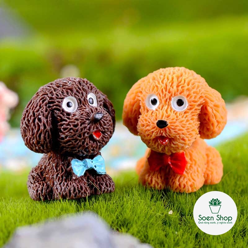 |FREESHIP| Chó đeo nơ Poodle - Phụ kiện trang trí cho cây xanh để bàn làm việc, mô hình trang trí cho bể cá, tiểu cảnh
