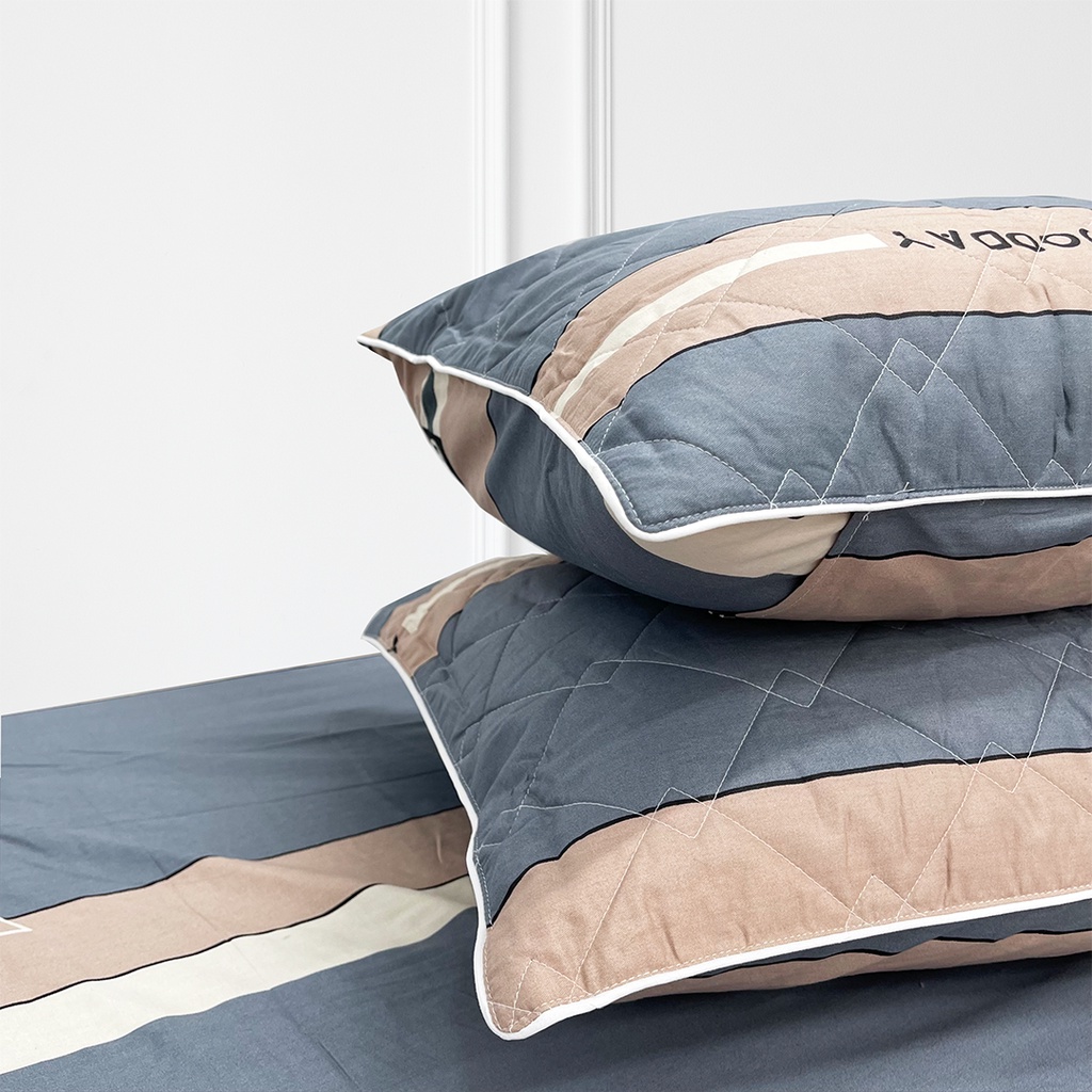 Bộ Ga Gối 100% Cotton Thuần Việt Mền Mịn, Thoáng Mát - Xanh Kẻ Sọc COT02