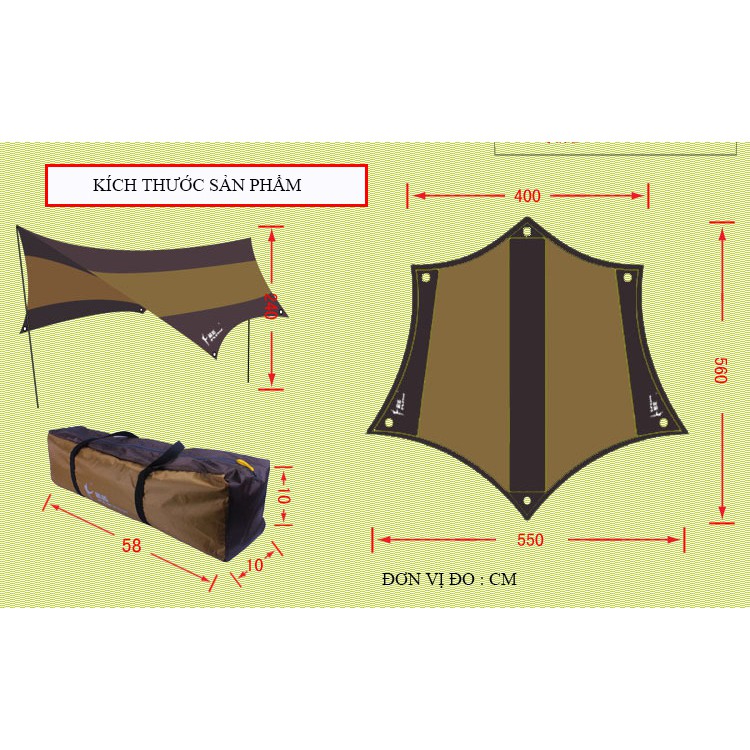 Tấm Tăng Dã Ngoại Lục Giác Chống Thấm, Chống Nắng, Chống Tia Tử Ngoại, Nhẹ, Dễ Di Chuyển Kích Thước 5,5m*5,6m
