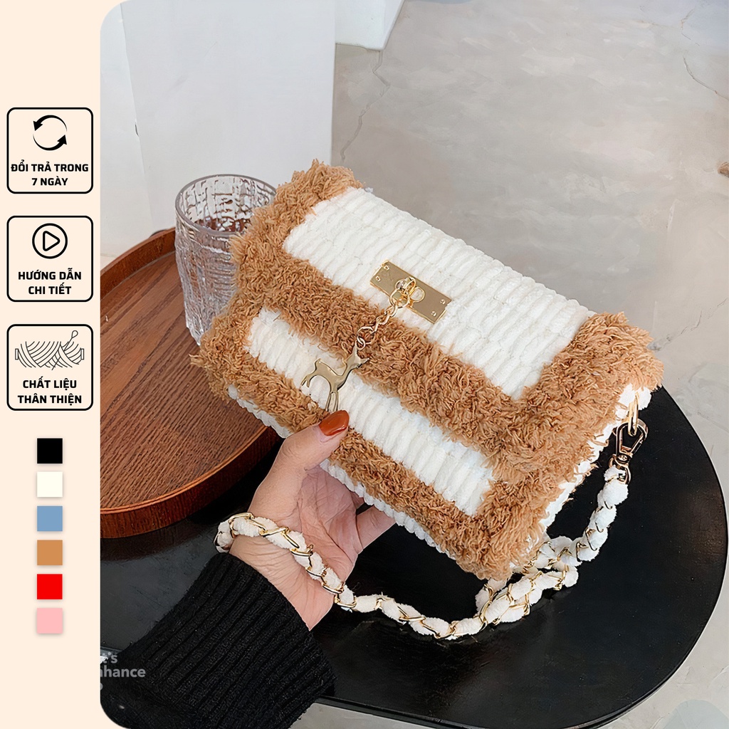 [Có video hướng dẫn] Túi tự đan handmade, túi len phối màu đeo chéo phong cách Hàn Quốc - Bộ phụ kiện đầy đủ LX108