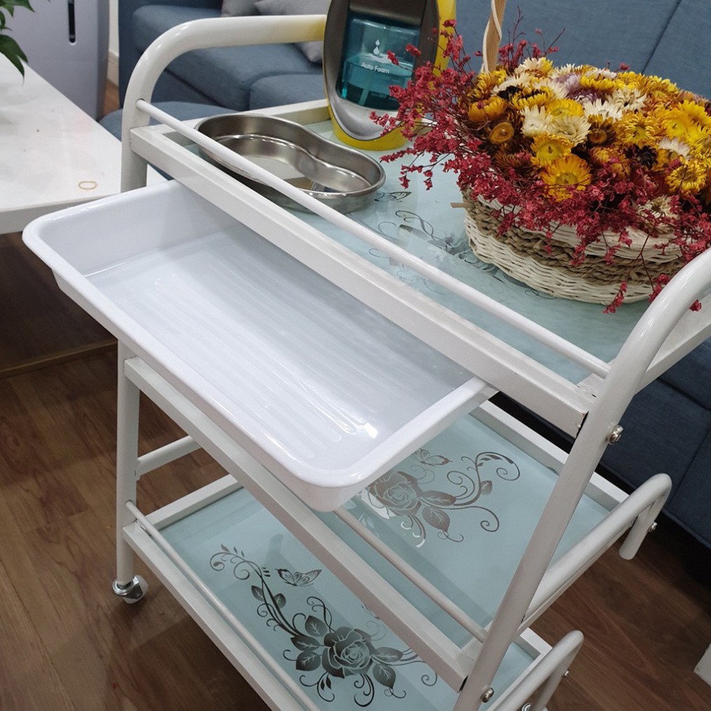 Xe Đẩy Spa 3 Tầng Mặt Kính Hoa Văn Kích Thước 50x32x80cm (Hàng Chính Hãng)