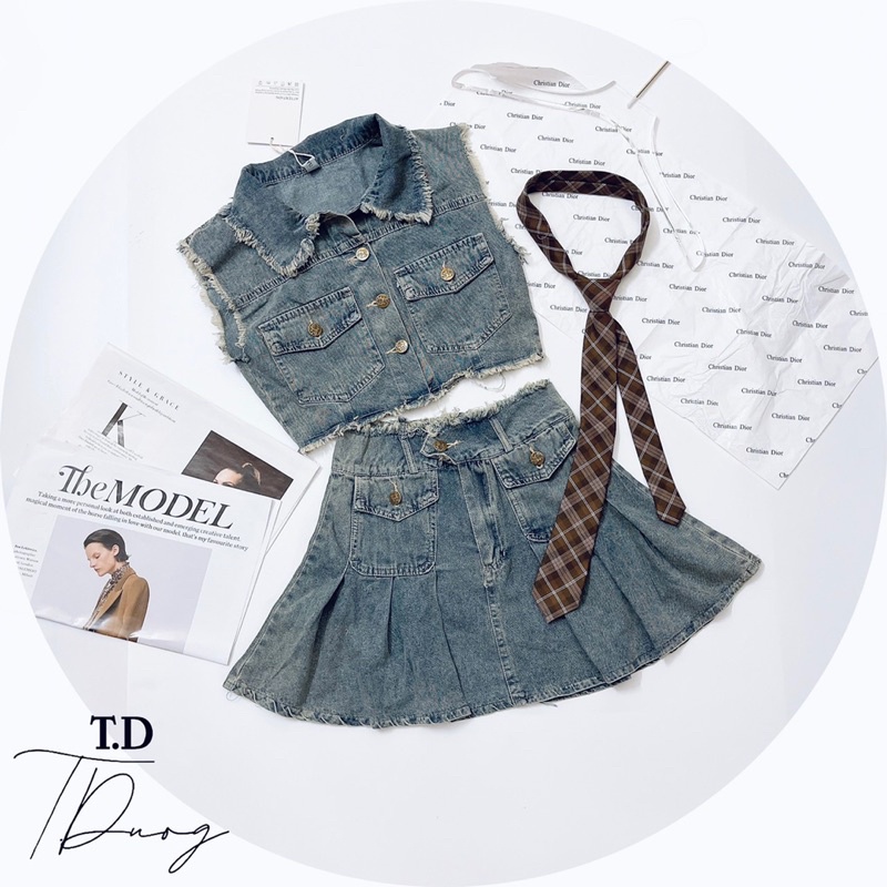 Set áo sơ mi croptop + chân váy jean xoè hàng QCL1