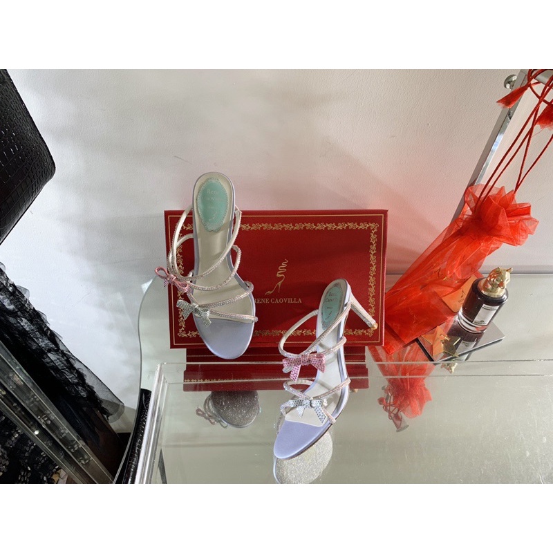 Dép cao gót 4 quai nhỏ đính đá thương hiệu Rene Caovilla da thật cao cấp