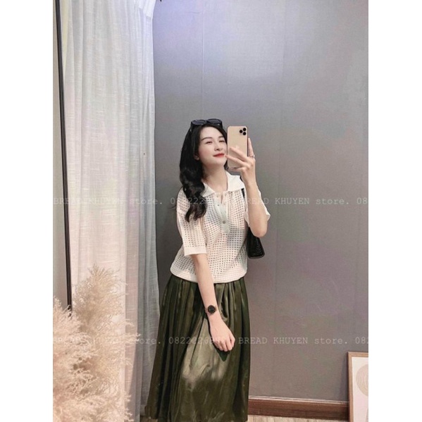 Áo len lỗ trắng gài nút ngực cổ bẻ tay ngắn siêu hot hàng Quảng Châu
