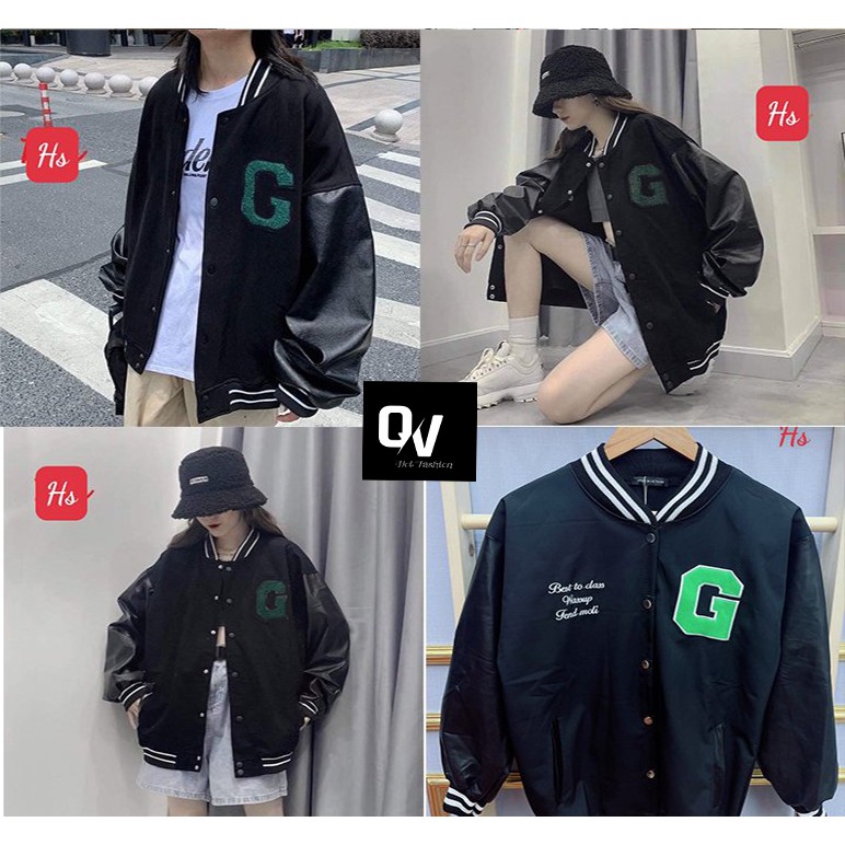 Áo bomber chữ g thêu xanh chất liệu nỉ cotton phối da tay . hàng mới- SHOP Q&V