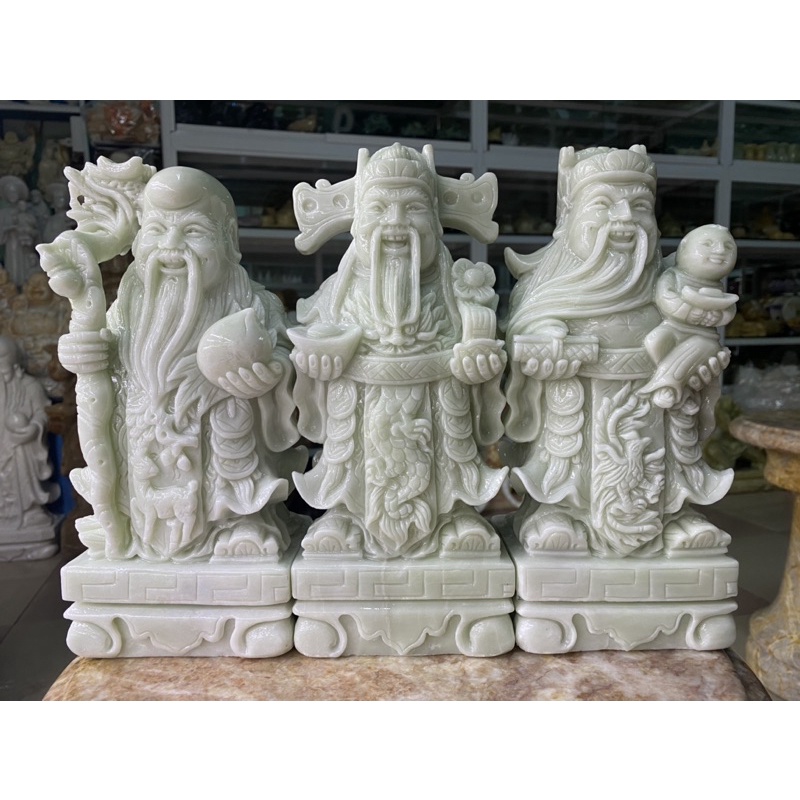 Bộ Tượng Tam Đa (Phúc Lộc Thọ) Đá Cẩm Thạch Trắng Xanh - cao 25cm