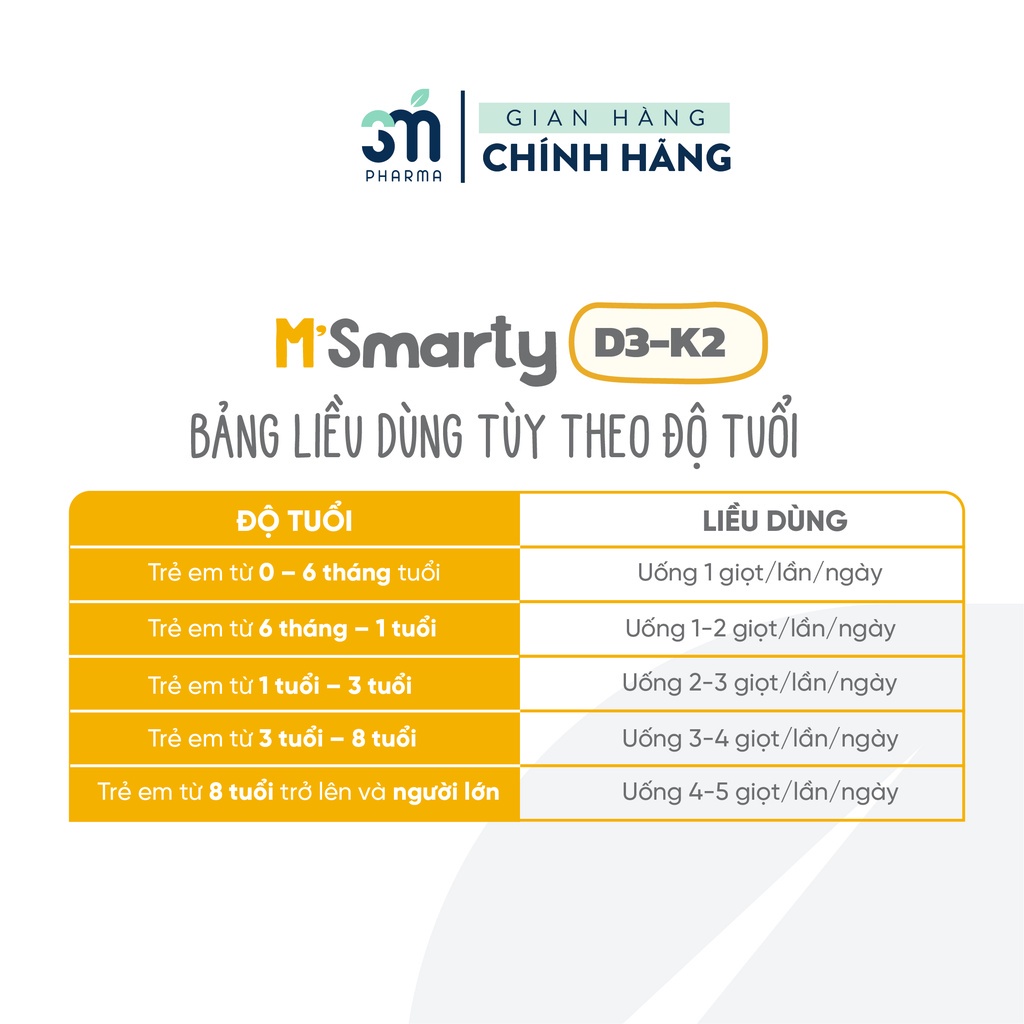 - Vitamin D3K2-Mk7 M'Smarty Giúp Hấp Thu Canxi, Tăng Chiều Cao, Chống Còi Xương Cho Trẻ Từ Sơ Sinh -Lọ 15 ml