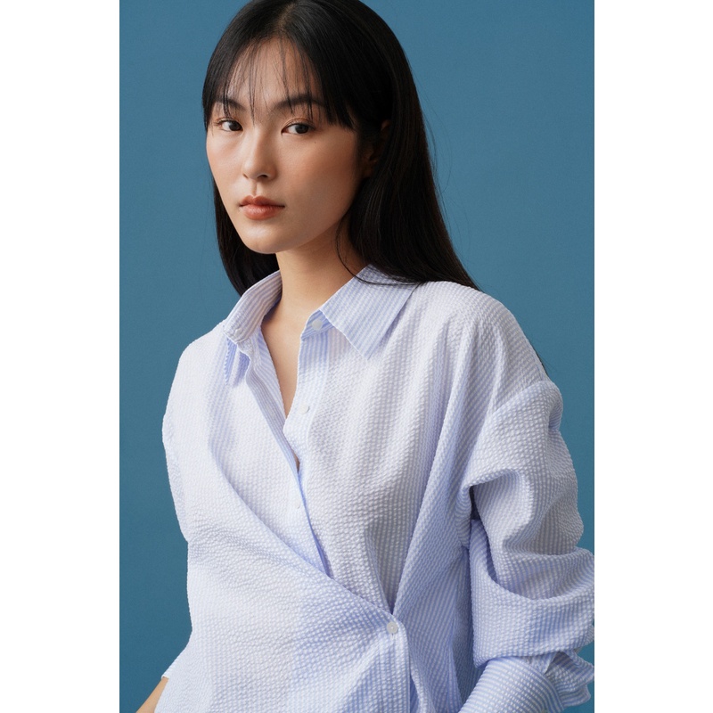 Áo sơ mi kẻ dáng oversize mặc 2 kiểu (Xanh)_MONOTALK T10031TK