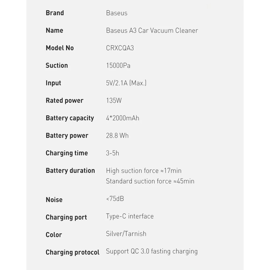Máy hút bụi Baseus cầm tay A3 Car Vacuum Cleaner