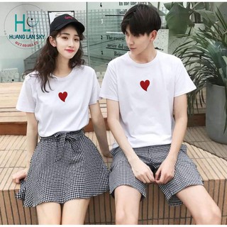 Set 2 áo thun đôi trắng áo cặp tình yêu  trái tim phong cách kèm ảnh thật
