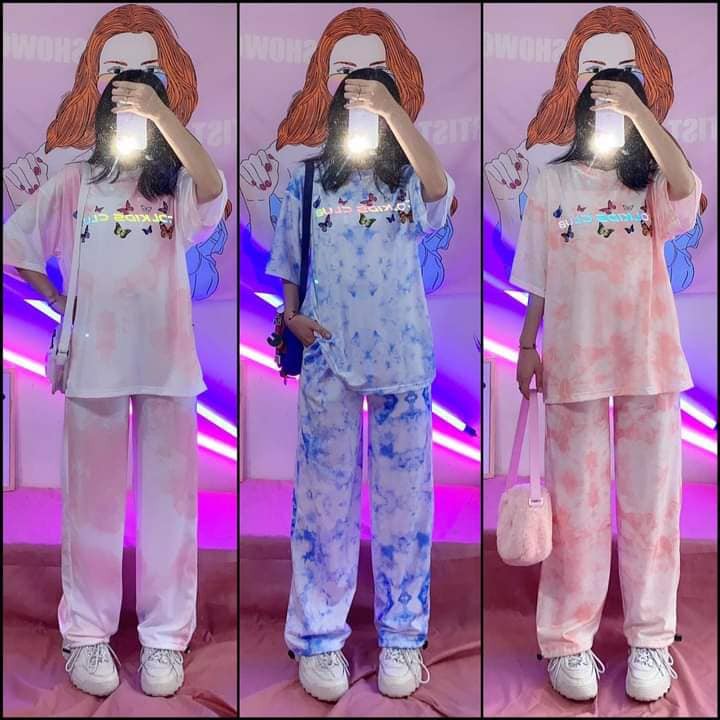 Set áo quần loang màu Tie Dye in chữ phản quang hình bướm + quần dài dây rút unisex