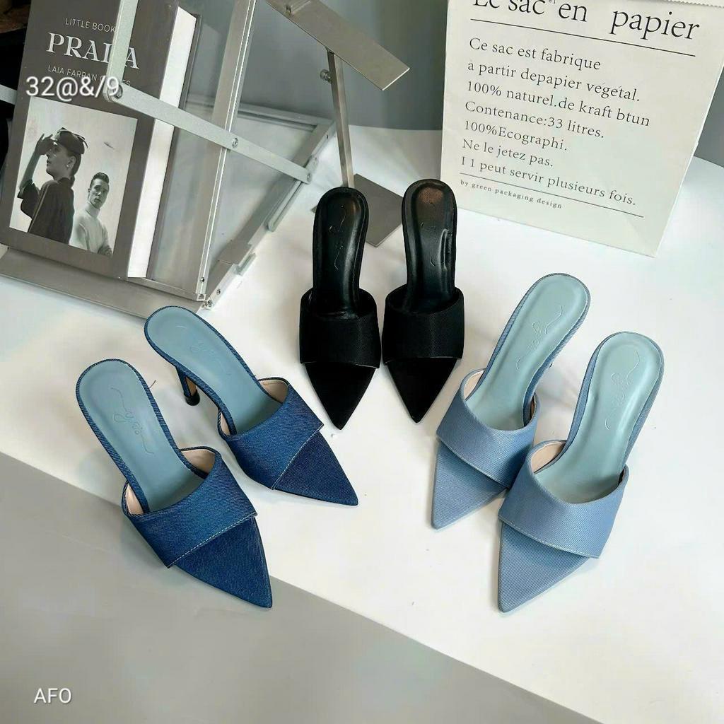 Dép cao gót nhọn 9cm quai bọc jean hothit
