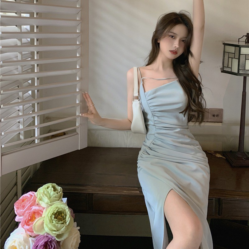 Đầm xẻ tà xanh Pastel gấp nếp D34