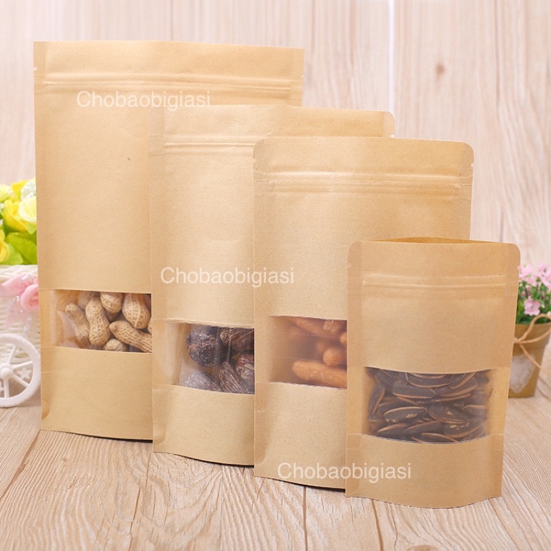 {1kg/ size} Túi zipper giấy Kraft Vàng đáy đứng cửa sổ tràn có CÁN MÀNG - CHỐNG THẤM NƯỚC (có sẵn 12 size - sp y hình)