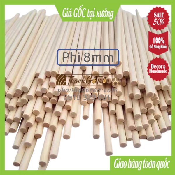 COMBO 50 Thanh gỗ tròn ɸ8mm 20-90cm Giá XƯỞNG - Thanh gỗ thông tròn làm Decor DIY Handmade