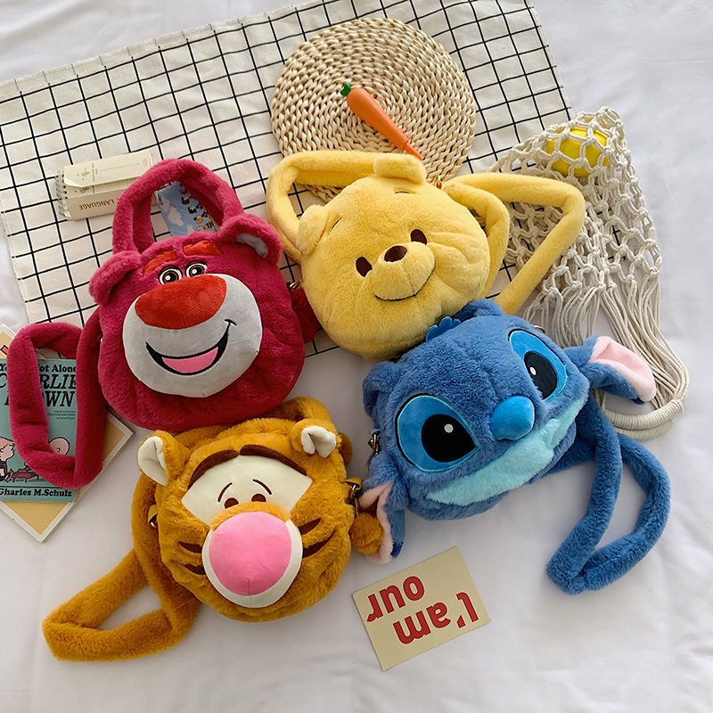 Túi đeo vai vải bông hình nhân vật hoạt hình dễ thương Stitch/Chú Sóc/Hổ/Gấu Pooh - kích thước - 27 x 22 x 15CM