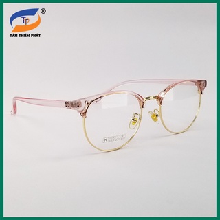 Gọng kính cận nam nữ mắt tròn kim loại/nhựa 6214 màu đen, hồng. Tròng kính giả cận 0 độ chống ánh sáng xanh, tia UV