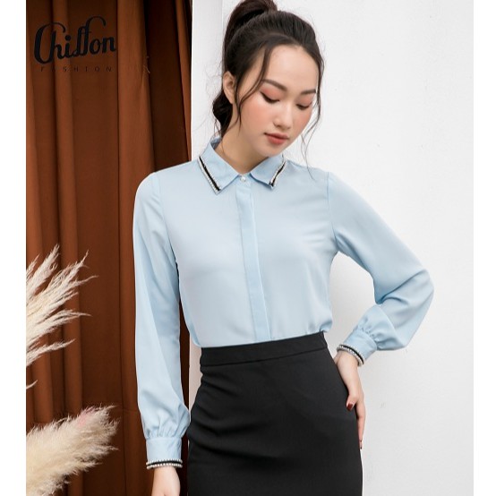 Chiffon_Áo sơ mi cổ đức phối dây ren