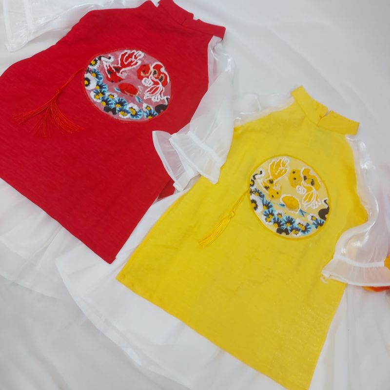 🥰 Sét áo dài bé gái  tay phối cao cấp họa thêu sắc nét nổi bất. áo dài tết hàng thiết kế