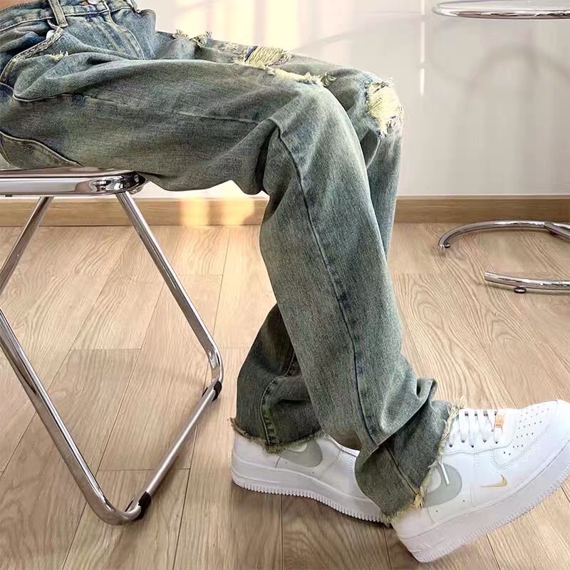 Quần bò jeans ống rộng suông rách tua rua vân màu xanh vintage bụi bặm hiphop unisex siêu chất ❤️
