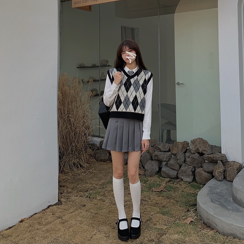 【ZHELIHANGFEI】Áo Len Không Tay Form Rộng Họa Tiết Kim Cương Theo Phong Cách Preppy Dễ Phối Đồ