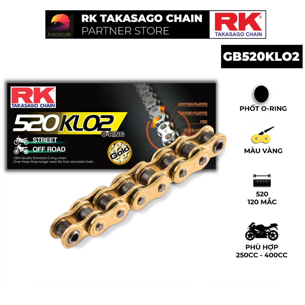 Sên xe phân khối lớn RK Takasago Chain mã GB-520-KLO2, màu vàng, phốt cao su O-ring, kích thước 520, 120 mắc sên