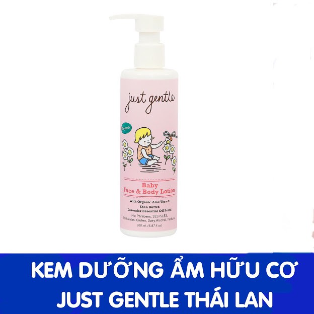 Kem dưỡng ẩm cho bé Just Gentle Thái Lan 200ml - Baby Face & Body Lotion - Sản phẩm hữu cơ an toàn cho da