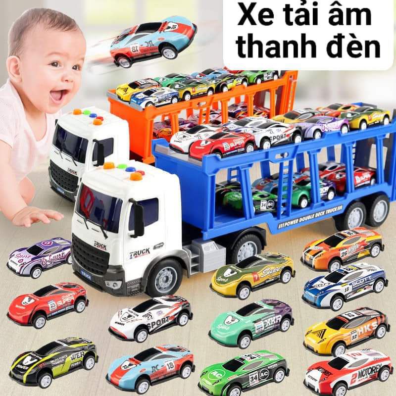 Đồ chơi xe tải 2 tầng chở 6 -12 xe con âm thanh đèn