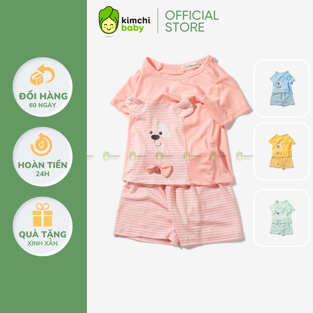 Đồ Bộ Bé Gái, Bé Trai KIMCHIBABY Vải Thun Lạnh Hoạ Tiết Gấu Kẻ Đính Nơ, Bộ Cộc Tay Mặc Nhà Cho Bé KW2212