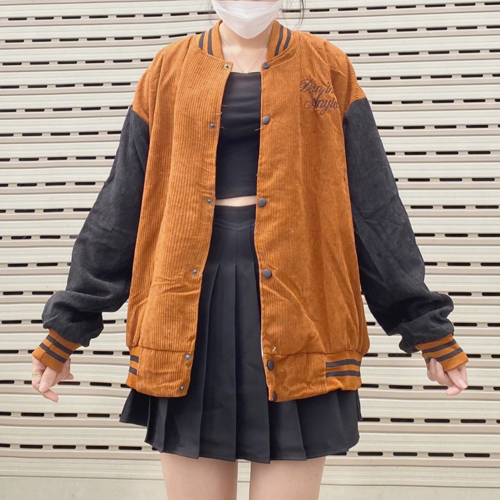 Áo khoác bomber nhung tăm unisex form rộng chữ D AKNT009 LECHAU varsity jacket 2 lớp thêu chữ streetstyle rẻ đẹp chất
