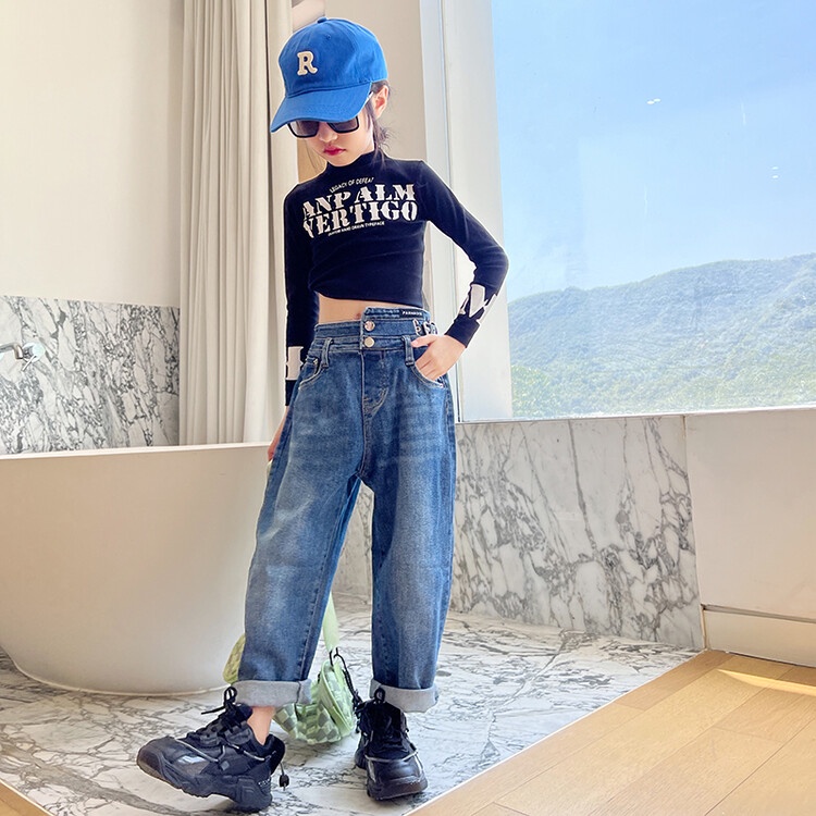 Set Áo Thun Tay Dài Phối Quần Jeans Thời Trang Mùa Thu Cho Bé Gái 5-6 Tuổi