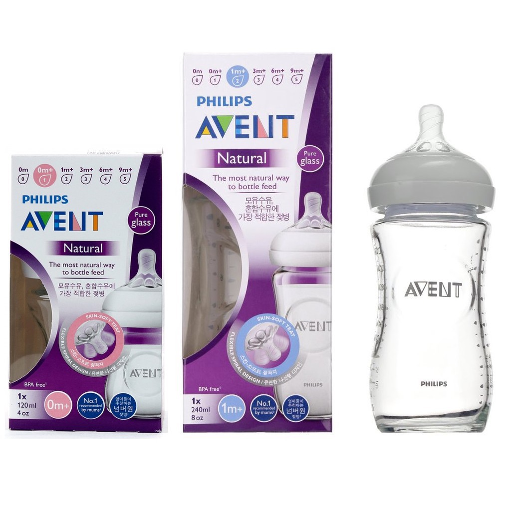 Bình sữa thủy tinh Avent Natural 125, 240ml (Được chọn núm 0 - 5) an toàn cho bé