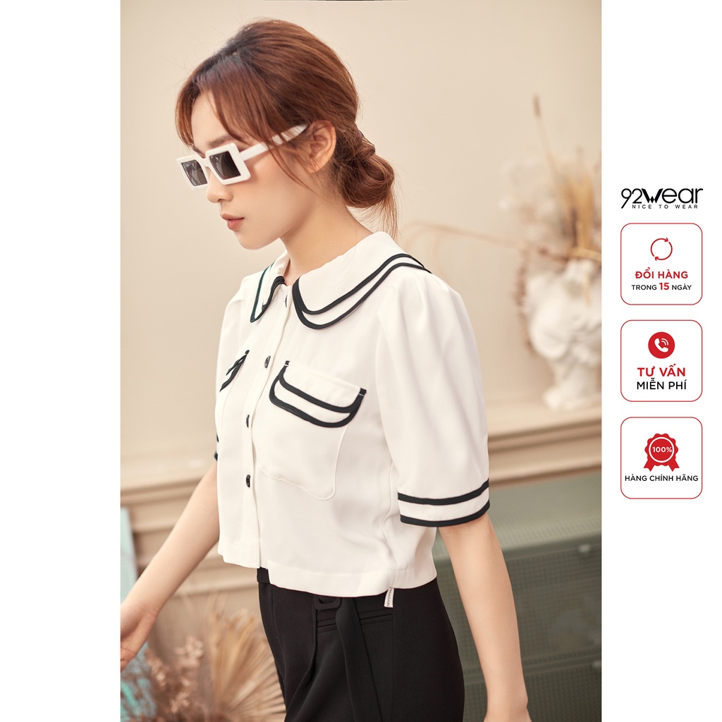 Áo sơ mi nữ 92WEAR dáng croptop viền phối ASW0883