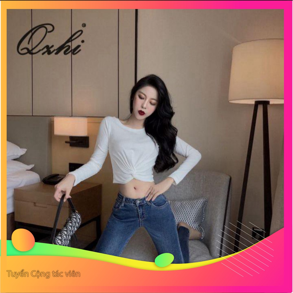 Dọn kho 1142A11B1-1 Áo thun tay dài xoắn eo gợi cảm Dọn kho