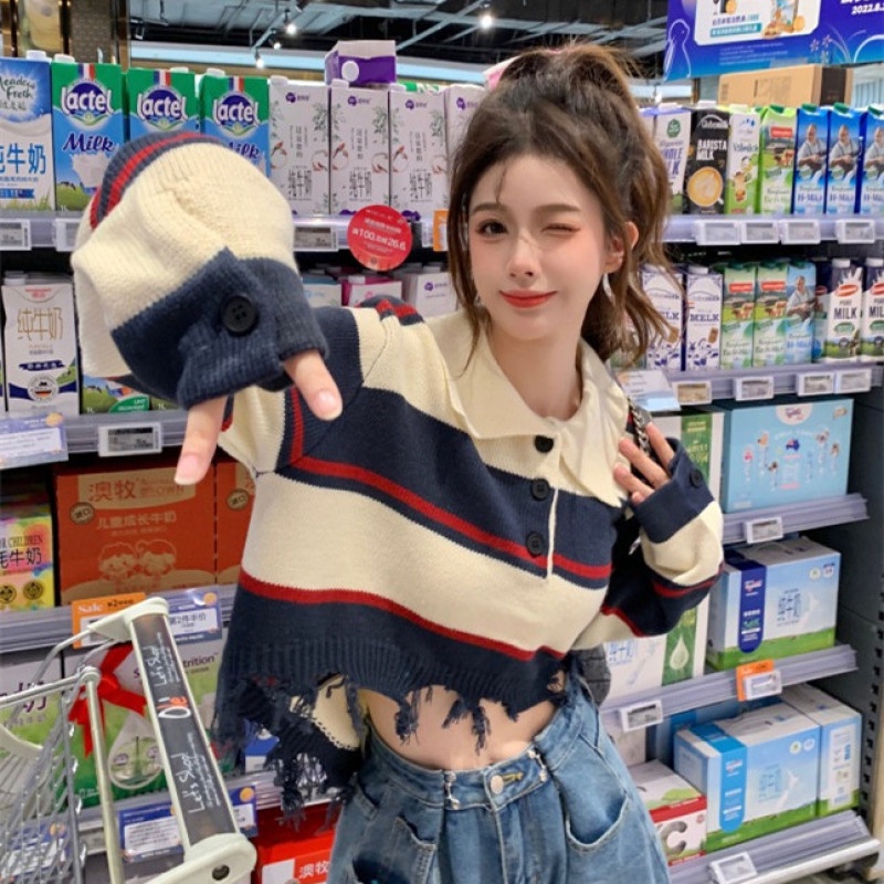 Áo Sweater Cổ polo Tay Dài Họa Tiết Kẻ Sọc Màu Sắc Tương Phản Thời Trang Mùa Thu Dễ Phối Đồ Cho