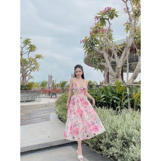 VÁY YẾM HOA CHÉO NGỰC PHỐI LỤA XOÈ