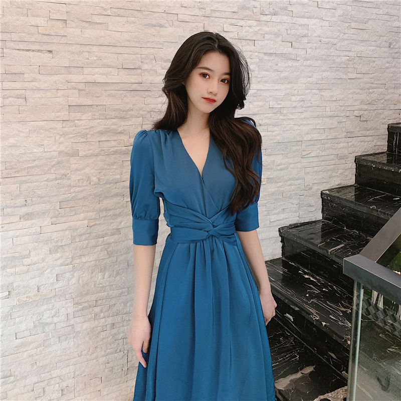 Đầm Maxi Tay Lửng Cổ Chữ V Thắt Eo Phong Cách Hàn Quốc Thời Trang Dành Cho Nữ