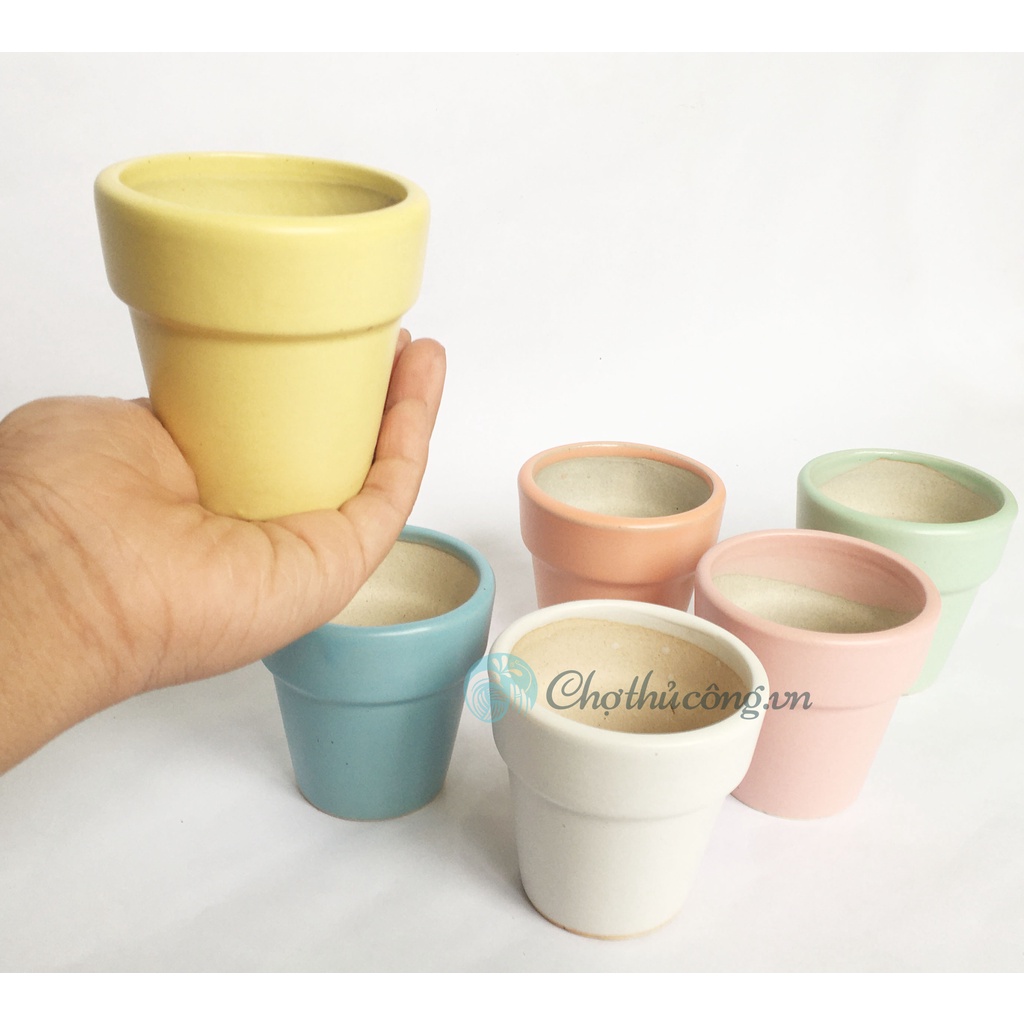 Combo 6 Chậu gốm nhỏ C7xR7cm 6 màu pastel, chậu gốm men mát Bát Tràng có lỗ vintage trồng sen đá, xương rồng, decor