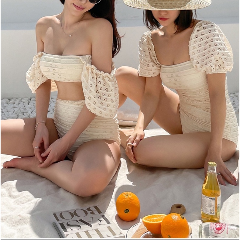 Bộ Đồ Bơi Bikini Hai Mảnh Tay Phồng Phong Cách Hàn Quốc Cho Nữ