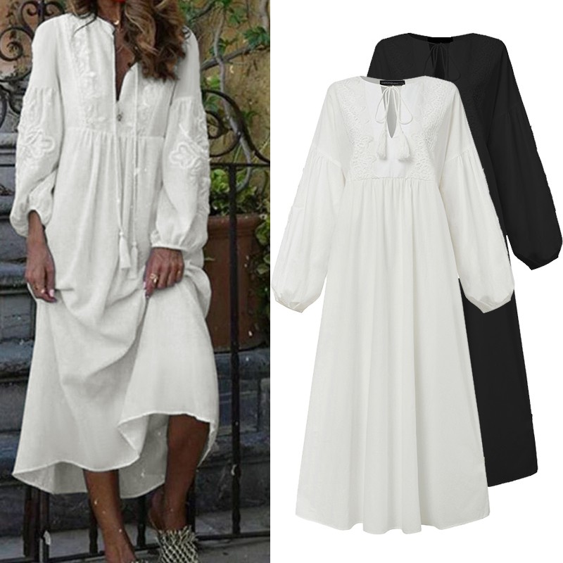 Đầm Maxi ZANZEA Cổ Chữ V Tay phồng Màu Trơn Vintage Dành Cho Nữ
