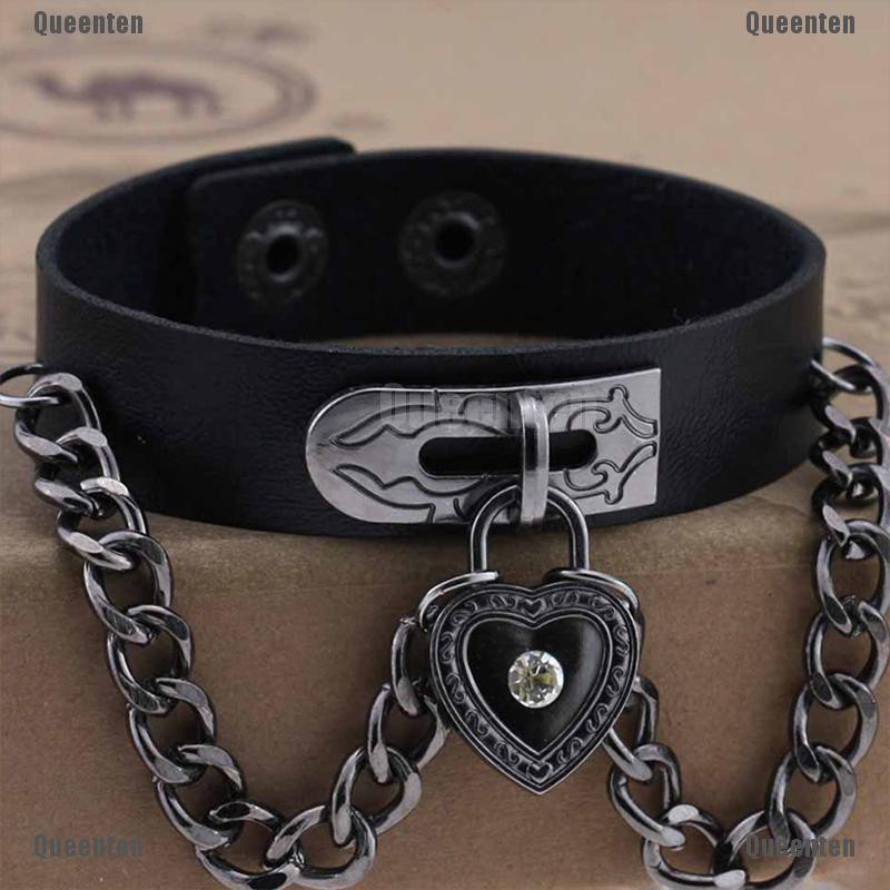 ★Queen★Personality Punk  Gothic Rhinestone Heart Spikes Leather  Jewelry Bracelet Gift