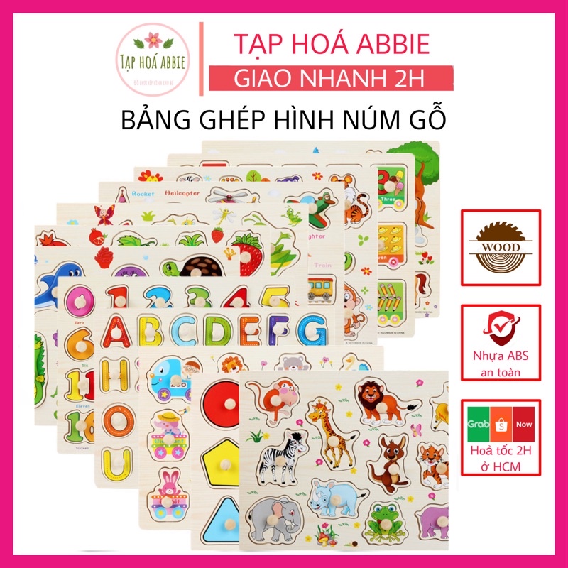 Ghép hình gỗ montessori , đồ chơi lắp ghép xếp hình gỗ cho bé bảng chữ cái có núm nhiều chủ đề