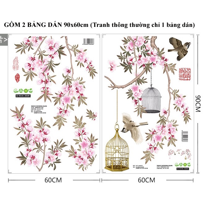 Tranh kép dán tường Hoa điểu, Decal phong cảnh trang trí KT 200x90cm